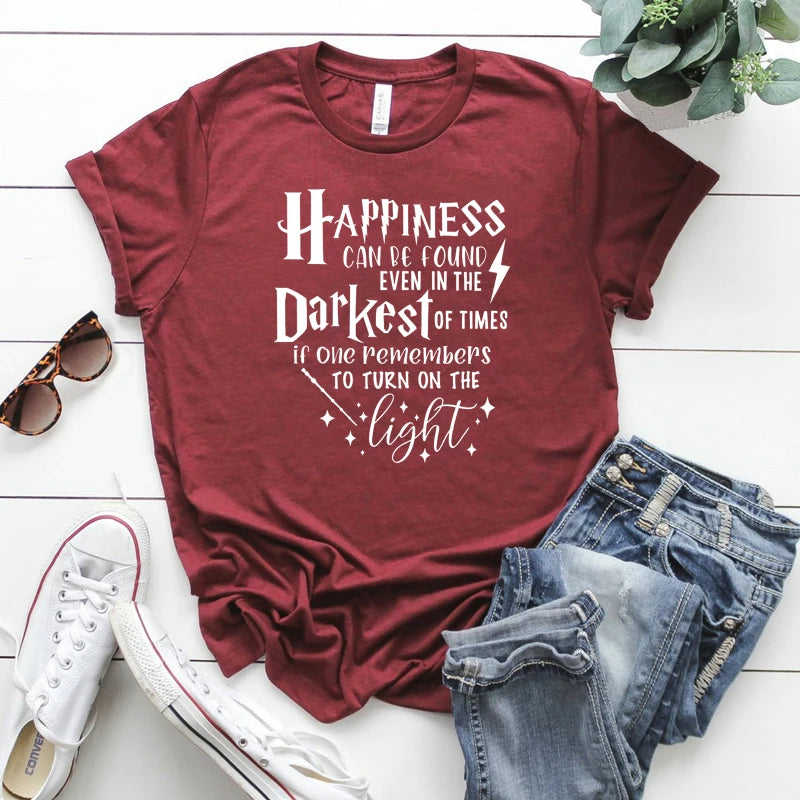 Happiness Can Be Found In The  Darkest of Times T-shirt HP Inspired Shirt Dumbledore Quote Wizard Tee Magic School Tops