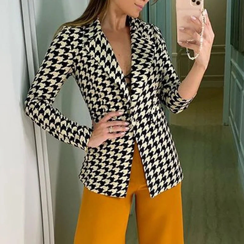 Women's Yellow Houndstooth Blazer