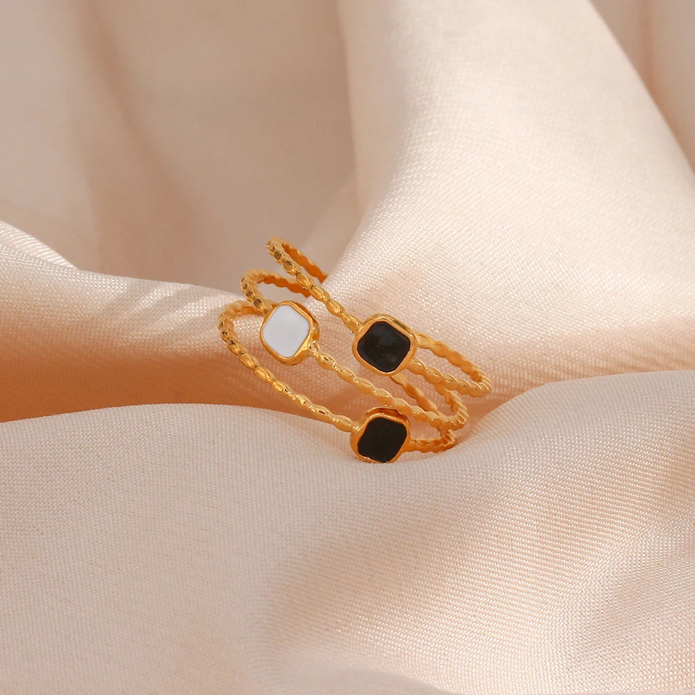 Modern Black and Gold Mosaic Adjustable Ring