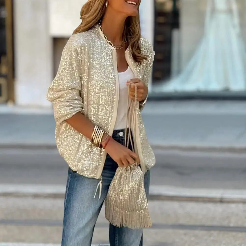 Loose Fit Chic Sequin Zipper Jacket