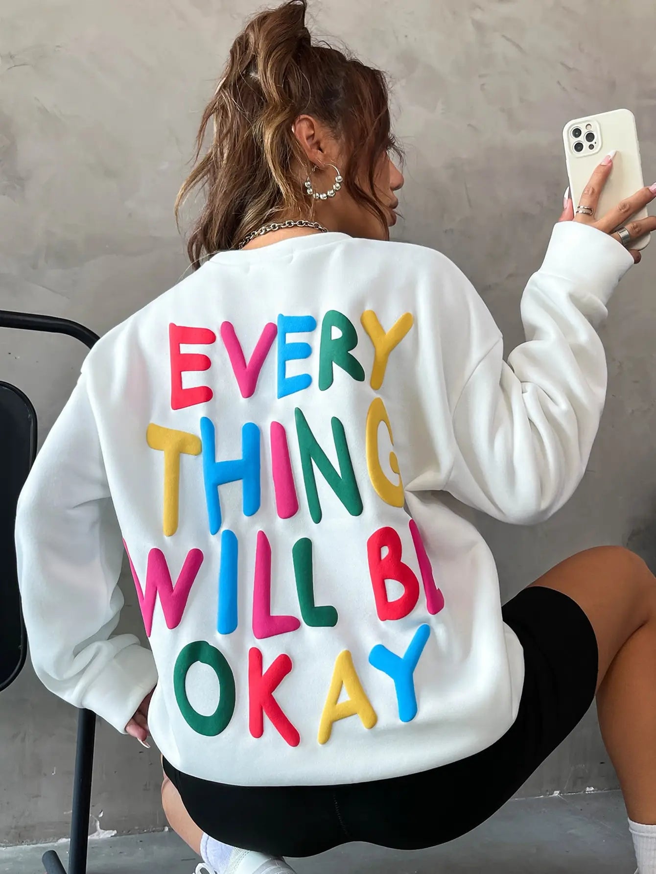 Everything Will Be Okay Letter Printed Pullover Loose Warm Crewneck Hoodies Casual Female Clothing Fashion Womens Sweatshirt