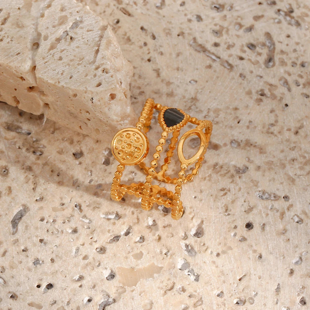 Modern Black and Gold Mosaic Adjustable Ring