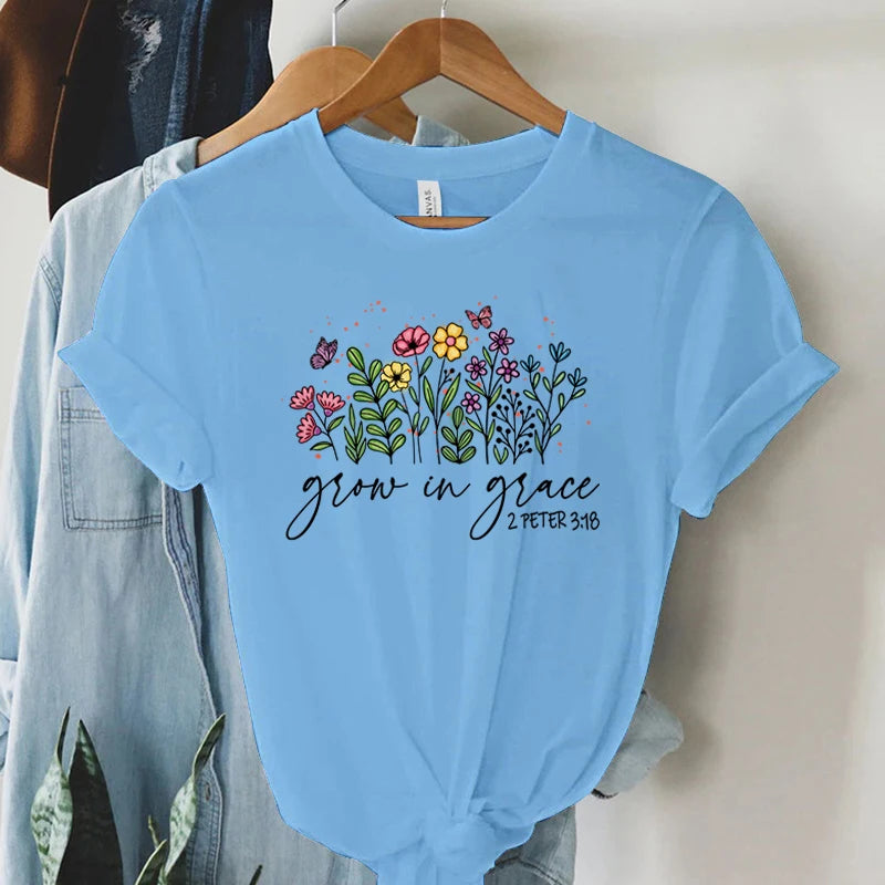 Grow in Grace 2 Peter 3:18 Graphics T Shirt Women Christian Religious Faith T-shirt Vintage Boho Shirt Women Faith Tshirt