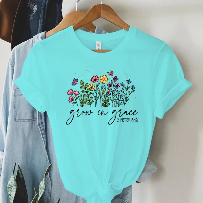 Grow in Grace 2 Peter 3:18 Graphics T Shirt Women Christian Religious Faith T-shirt Vintage Boho Shirt Women Faith Tshirt