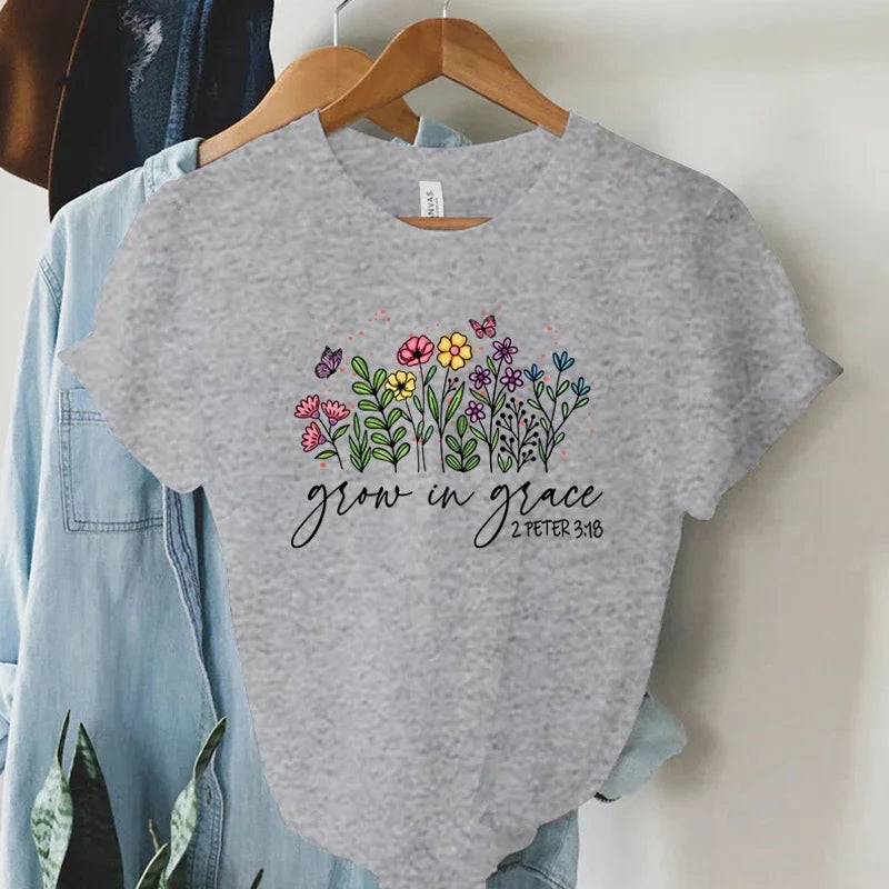 Grow in Grace 2 Peter 3:18 Graphics T Shirt Women Christian Religious Faith T-shirt Vintage Boho Shirt Women Faith Tshirt