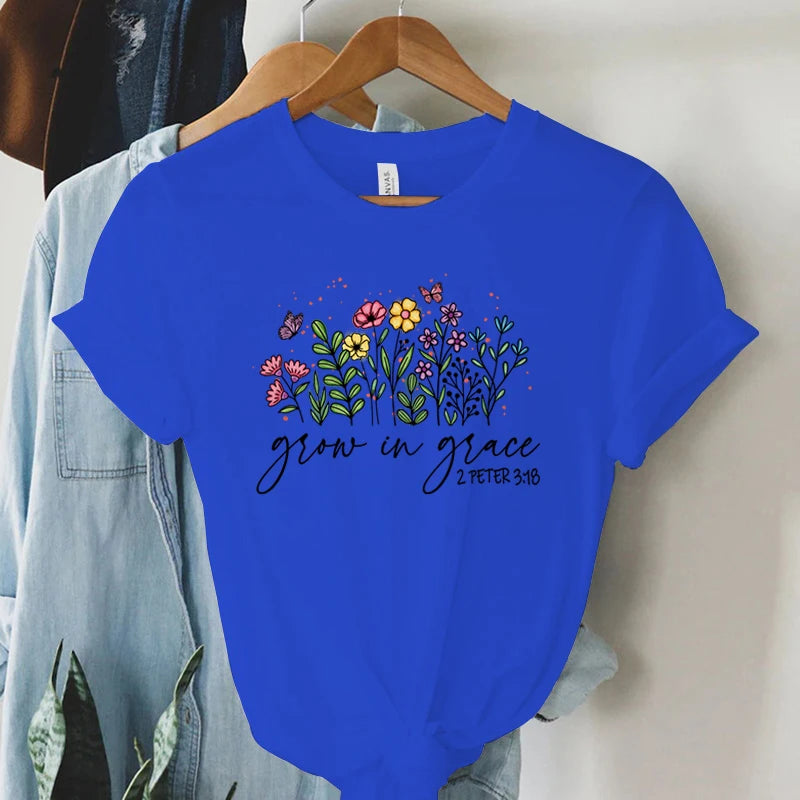 Grow in Grace 2 Peter 3:18 Graphics T Shirt Women Christian Religious Faith T-shirt Vintage Boho Shirt Women Faith Tshirt