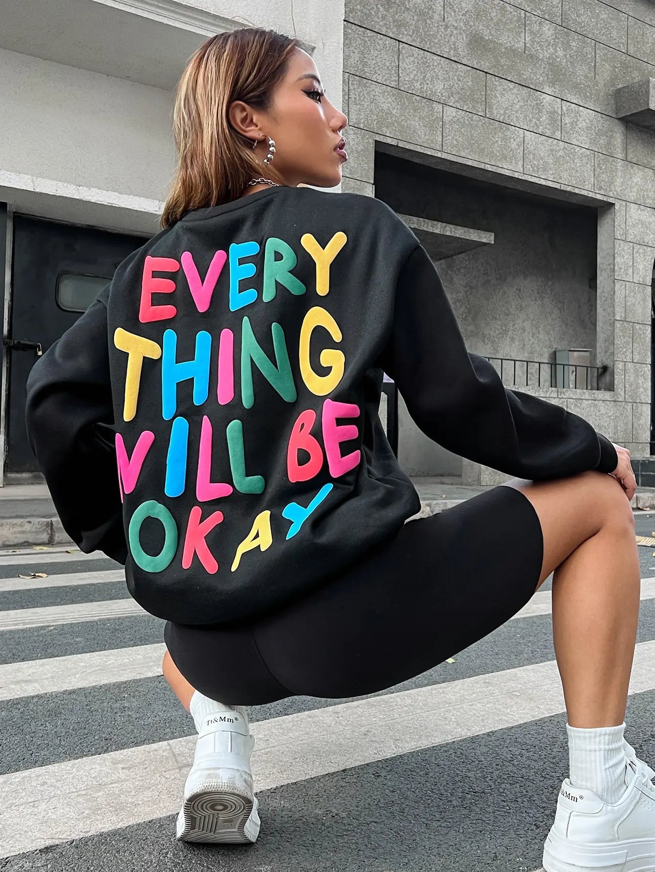 Everything Will Be Okay Letter Printed Pullover Loose Warm Crewneck Hoodies Casual Female Clothing Fashion Womens Sweatshirt