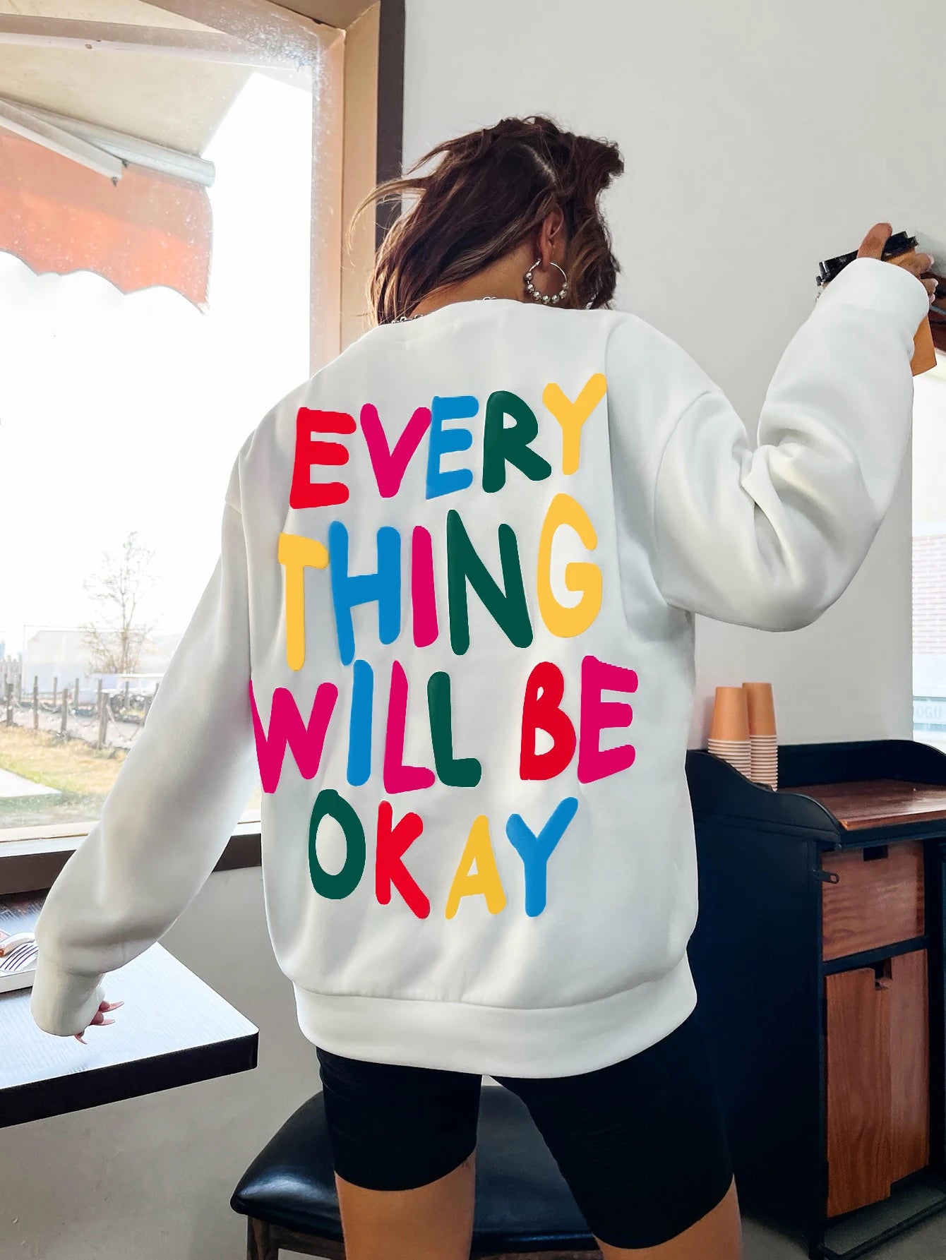 Everything Will Be Okay Letter Printed Pullover Loose Warm Crewneck Hoodies Casual Female Clothing Fashion Womens Sweatshirt