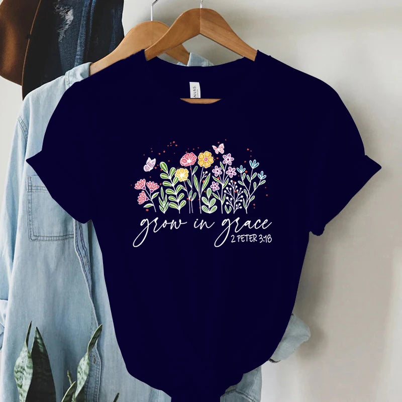 Grow in Grace 2 Peter 3:18 Graphics T Shirt Women Christian Religious Faith T-shirt Vintage Boho Shirt Women Faith Tshirt