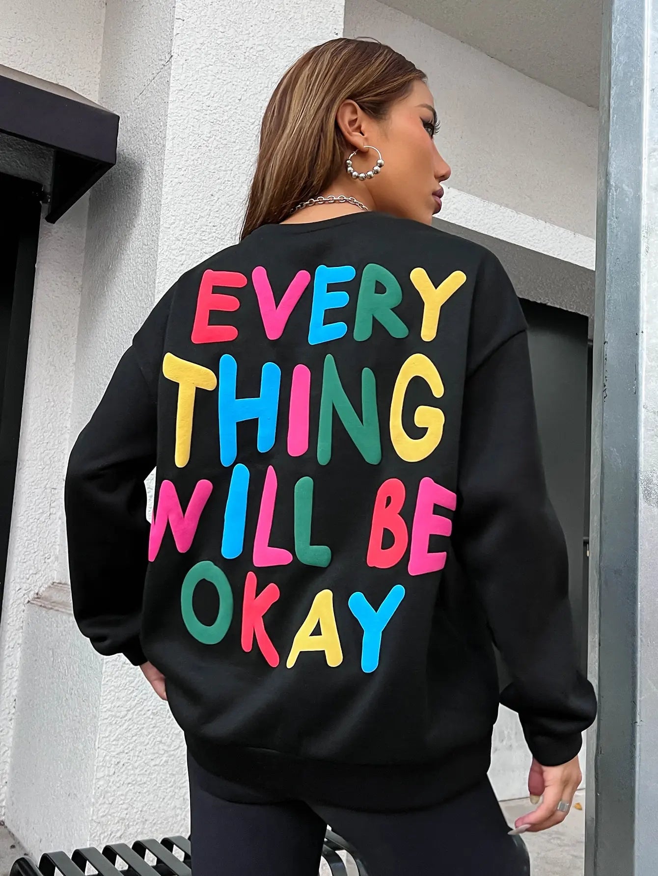 Everything Will Be Okay Letter Printed Pullover Loose Warm Crewneck Hoodies Casual Female Clothing Fashion Womens Sweatshirt