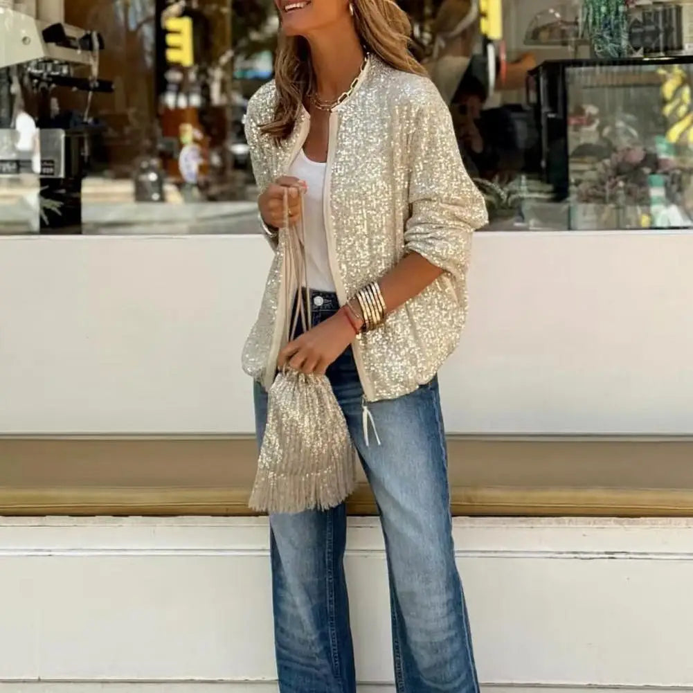 Loose Fit Chic Sequin Zipper Jacket