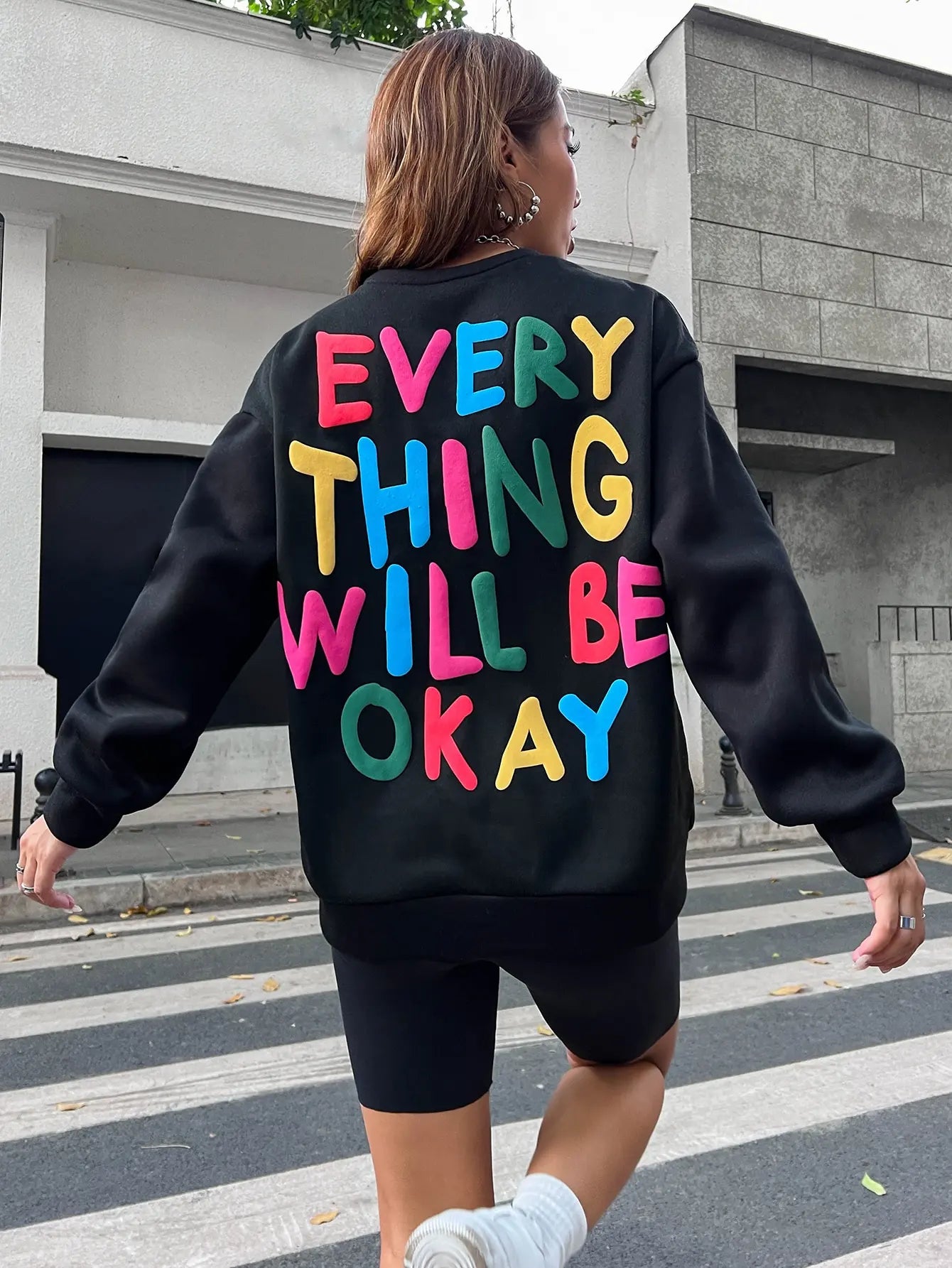 Everything Will Be Okay Letter Printed Pullover Loose Warm Crewneck Hoodies Casual Female Clothing Fashion Womens Sweatshirt