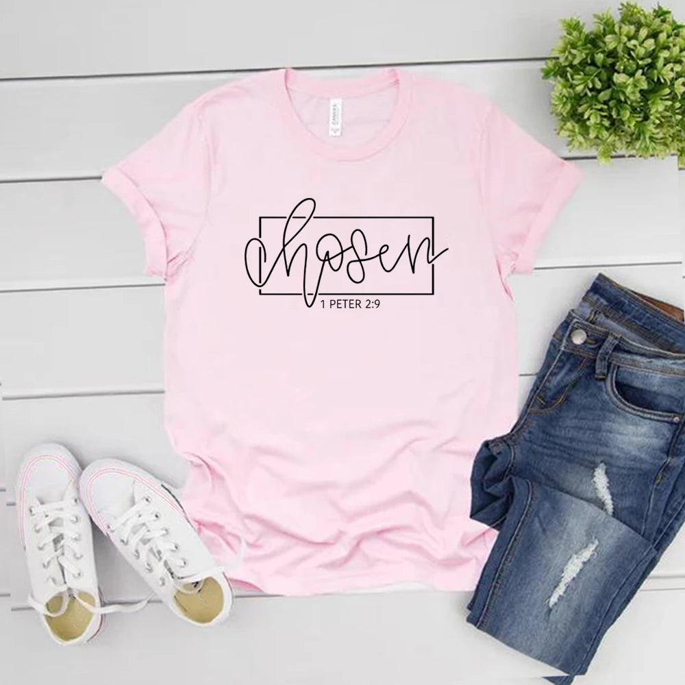 Chosen 1 Peter 2:9 T-Shirt Christian Shirts for Women Religious Clothing Bible Verse T Shirt Women Graphic T Shirts Casual Tops