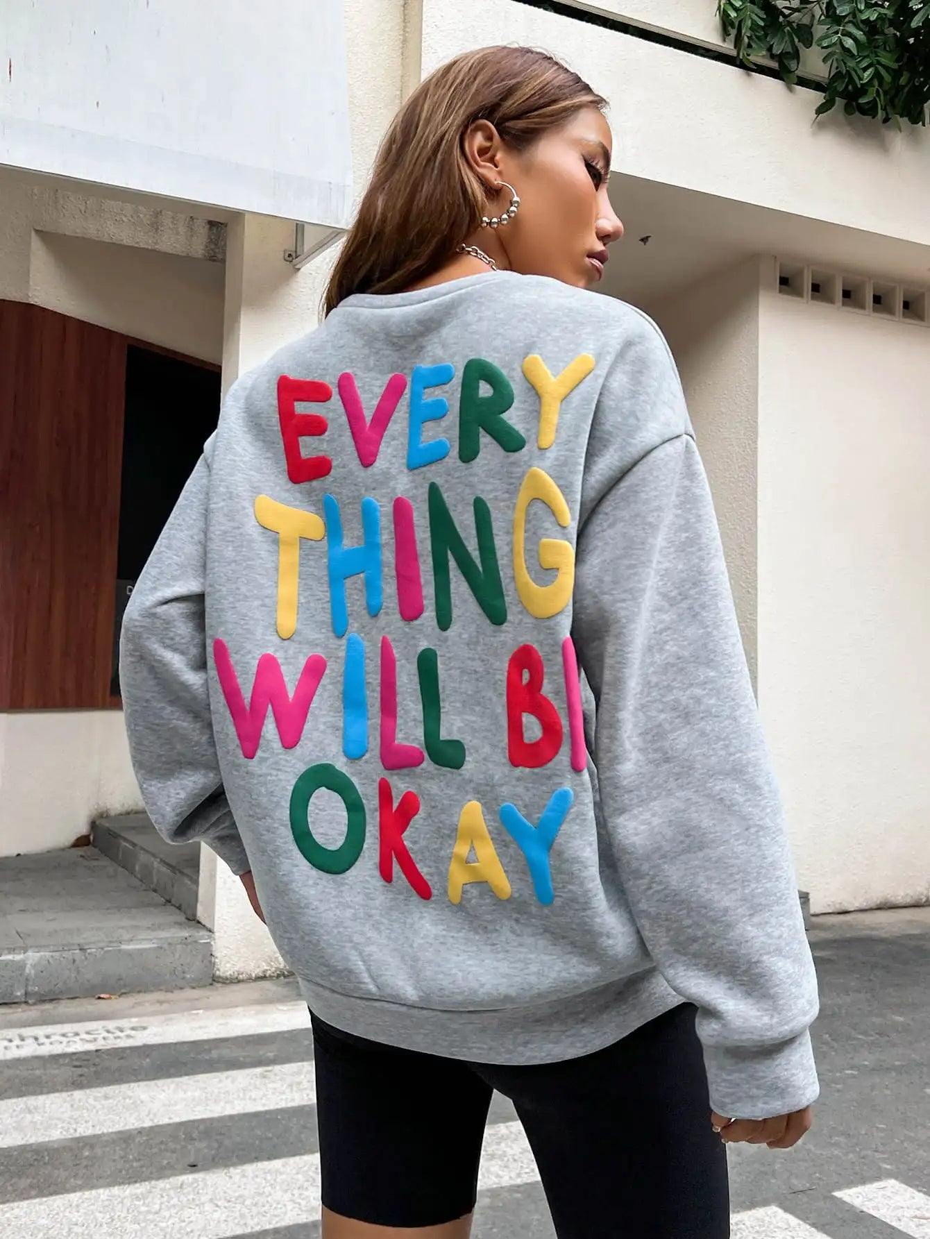 Everything Will Be Okay Letter Printed Pullover Loose Warm Crewneck Hoodies Casual Female Clothing Fashion Womens Sweatshirt