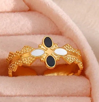 Celestial Flower Black and Gold Adjustable Ring