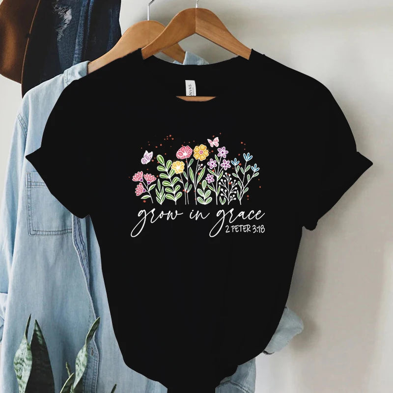 Grow in Grace 2 Peter 3:18 Graphics T Shirt Women Christian Religious Faith T-shirt Vintage Boho Shirt Women Faith Tshirt