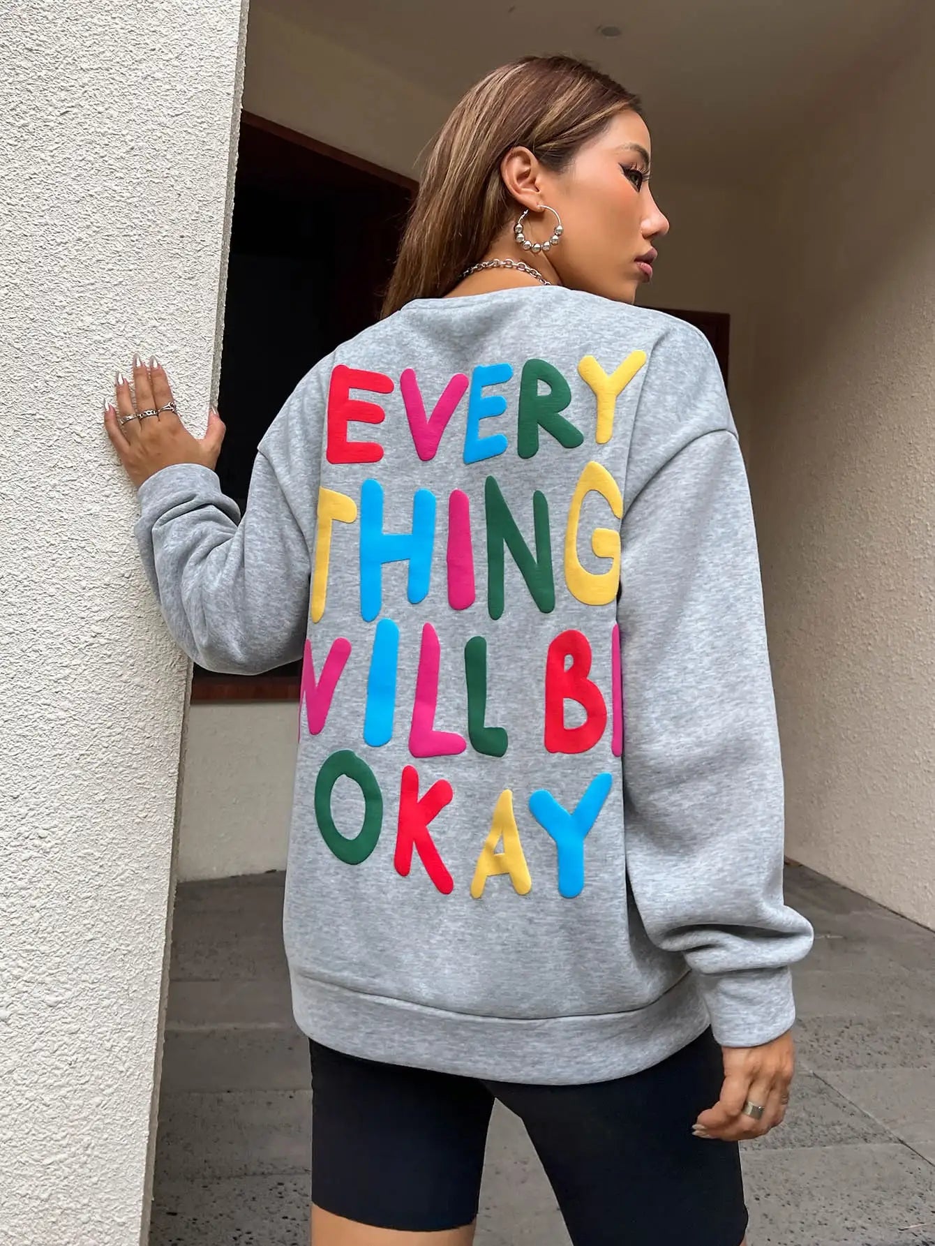 Everything Will Be Okay Letter Printed Pullover Loose Warm Crewneck Hoodies Casual Female Clothing Fashion Womens Sweatshirt