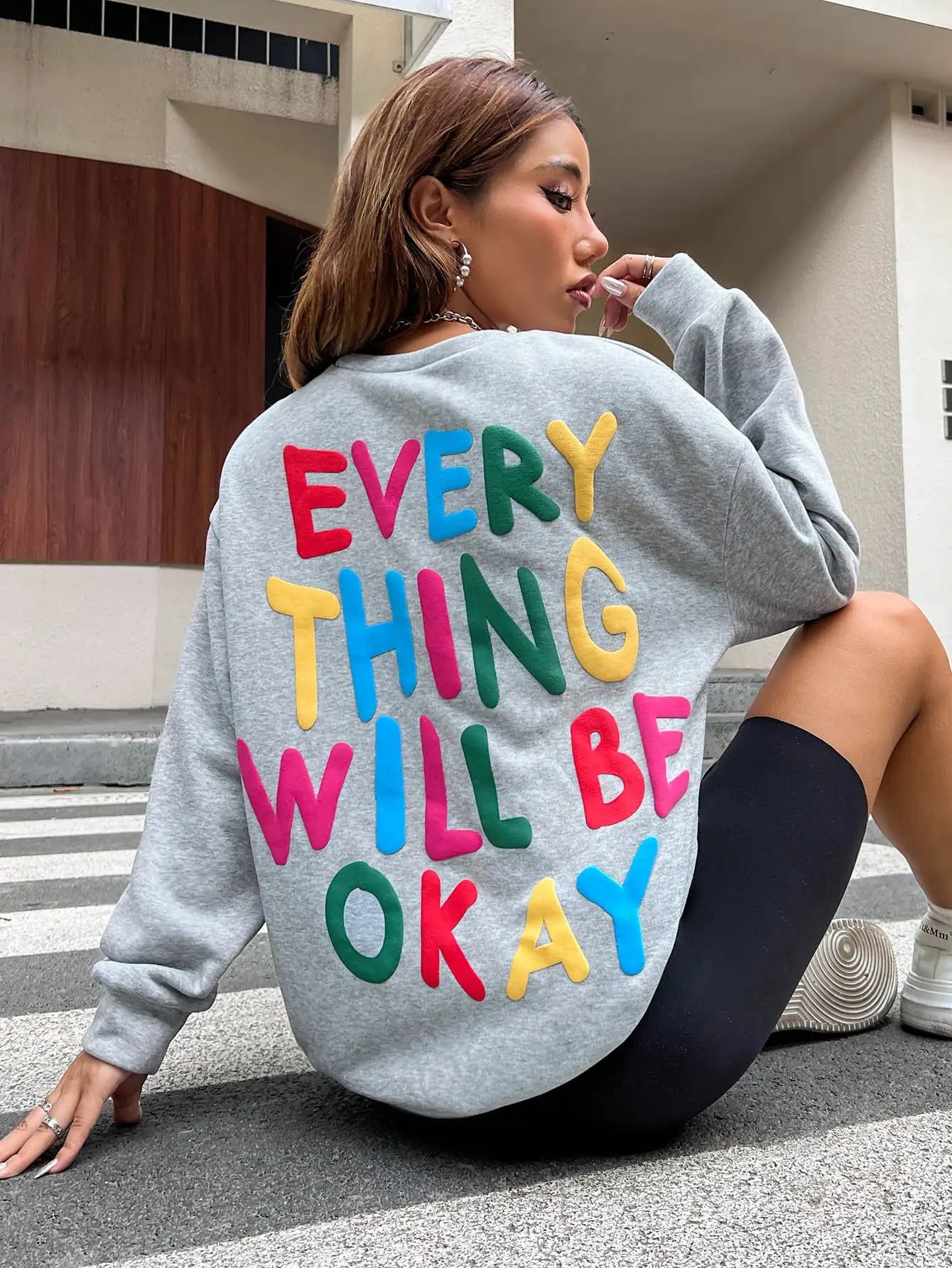 Everything Will Be Okay Letter Printed Pullover Loose Warm Crewneck Hoodies Casual Female Clothing Fashion Womens Sweatshirt