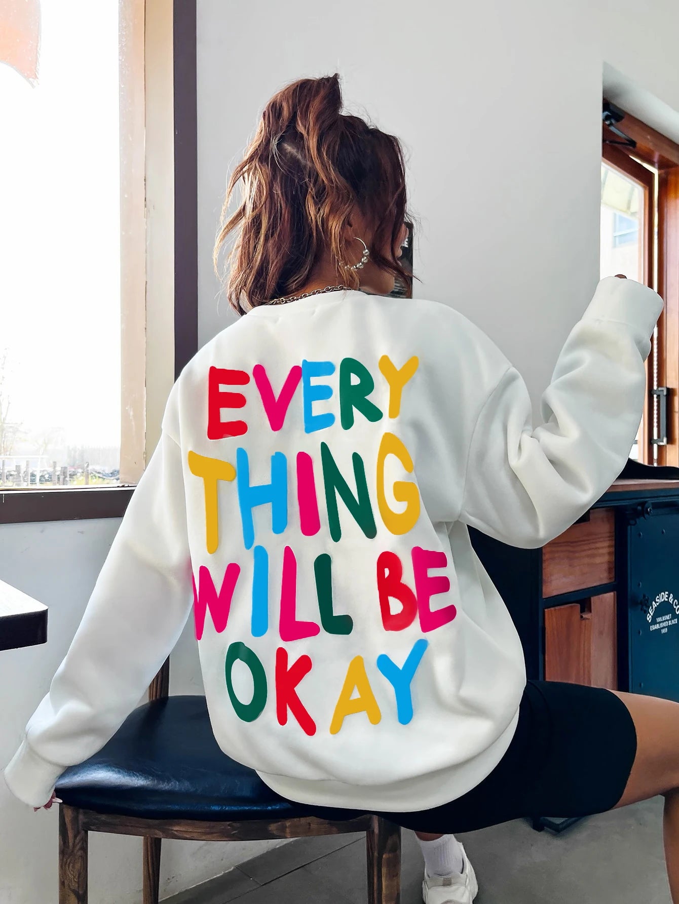 Everything Will Be Okay Letter Printed Pullover Loose Warm Crewneck Hoodies Casual Female Clothing Fashion Womens Sweatshirt