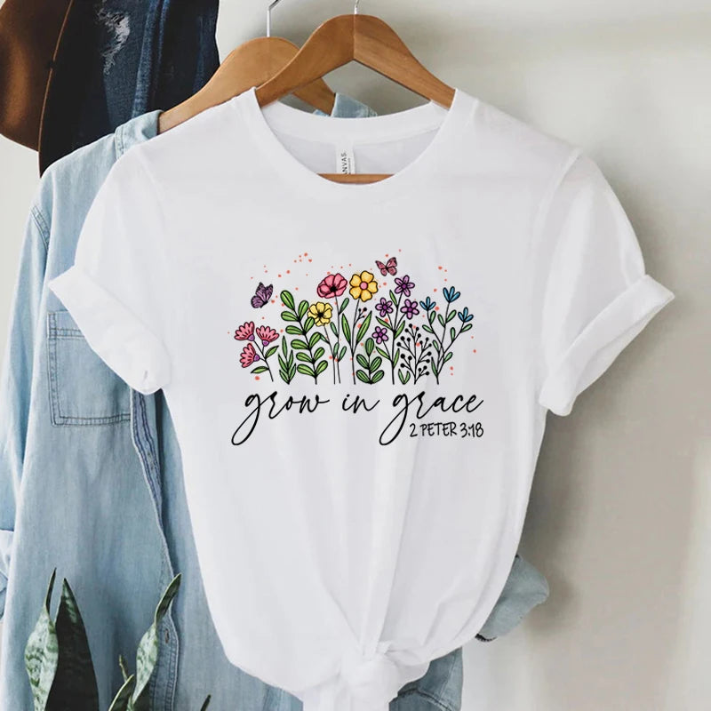 Grow in Grace 2 Peter 3:18 Graphics T Shirt Women Christian Religious Faith T-shirt Vintage Boho Shirt Women Faith Tshirt