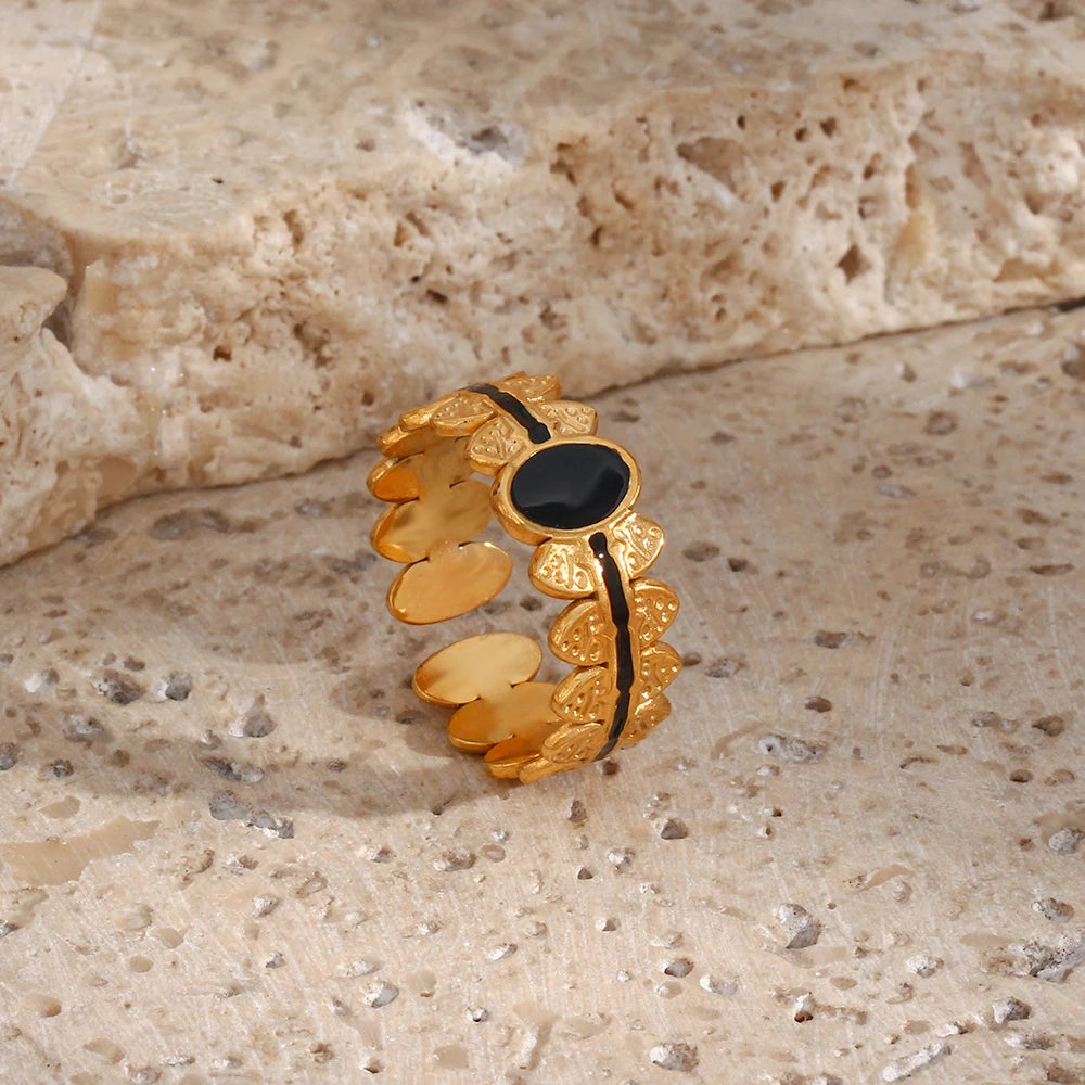 Boho Celestial Black and Gold Adjustable Ring