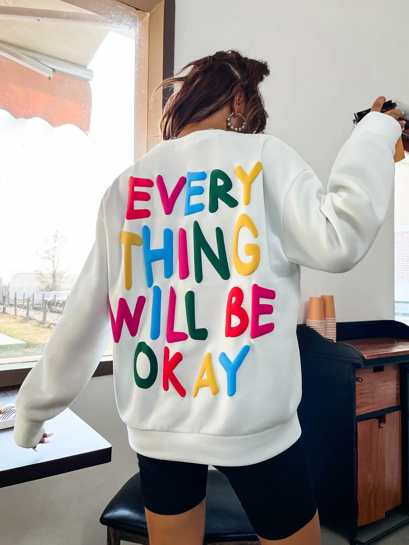 Everything Will Be Okay Letter Printed Pullover Loose Warm Crewneck Hoodies Casual Female Clothing Fashion Womens Sweatshirt